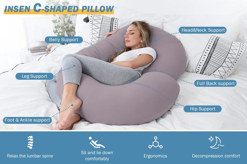 INSEN Pregnancy Pillows for Sleeping, Maternity Pillow with Cooling Cotton Cover, C Shaped for Pregnant Women (Purple Jersey) - Image 2